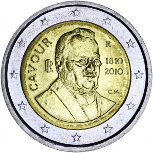 2 euro 2010 Italy 200th anniversary of the Count of Cavour’s birth price, composition, diameter, thickness, mintage, orientation, video, authenticity, weight, Description