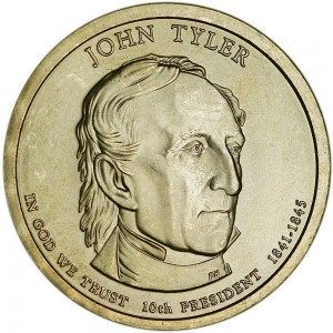 1 доллар 2009 США, 10-й президент Джон Тайлер двор D цена, 1 доллар серии Президентские доллары США, стоимость
