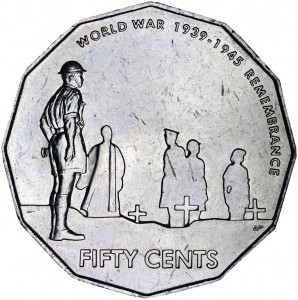 50 cents 2005 Australia World War 2d  price, composition, diameter, thickness, mintage, orientation, video, authenticity, weight, Description