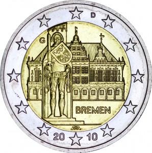 2 euro 2010, Germany, Town Hall of Bremen, mint G price, composition, diameter, thickness, mintage, orientation, video, authenticity, weight, Description