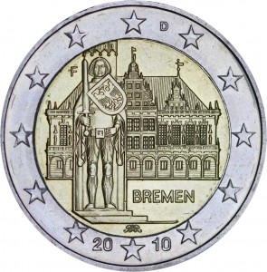 2 euro 2010, Germany, Town Hall of Bremen, mint F price, composition, diameter, thickness, mintage, orientation, video, authenticity, weight, Description