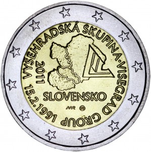2 euro 2011 Slovakia Visegrad Group price, composition, diameter, thickness, mintage, orientation, video, authenticity, weight, Description