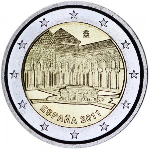 2 евро 2011 Испания, Альгамбра, Хенералифе и Альбасин в Гранаде (Львиный двор) цена, стоимость