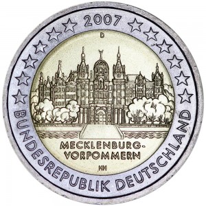 2 euro 2007, Germany, Mecklenburg-Vorpommern , mint D price, composition, diameter, thickness, mintage, orientation, video, authenticity, weight, Description