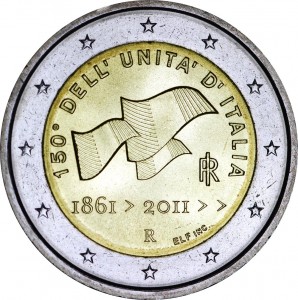 2 евро 2011 Италия 150 лет объединения Италии (150? DELL’UNIT? D’ITALIA) цена, стоимость