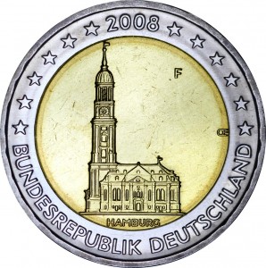 2 euro 2008, Germany, Hamburg, mint F price, composition, diameter, thickness, mintage, orientation, video, authenticity, weight, Description