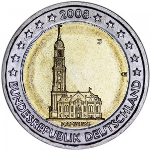 2 euro 2008, Germany, Hamburg, mint J price, composition, diameter, thickness, mintage, orientation, video, authenticity, weight, Description