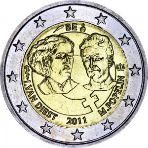 2 евро 2011 Бельгия, 100 лет Международному женскому дню цена, стоимость