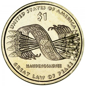 1 dollar 2010 USA Native American Sacagawea, Great Law of Peace, mint D price, composition, diameter, thickness, mintage, orientation, video, authenticity, weight, Description