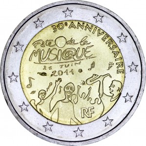 2 euro 2011 France World Music Day (30e ANNIVERSAIRE) price, composition, diameter, thickness, mintage, orientation, video, authenticity, weight, Description