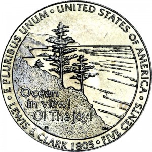 5 cents 2005 USA Ocean in View, Westward Journey Series, mint mark D, price, composition, diameter, thickness, mintage, orientation, video, authenticity, weight, Description