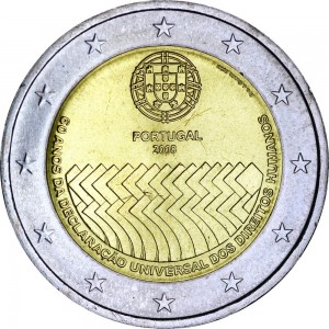 2 евро 2008, Португалия, 60 лет Декларации прав человека (60 ANOS DA DECLARACAO UNIVERSAL DOS DIREITOS HUMANOS) цена, стоимость