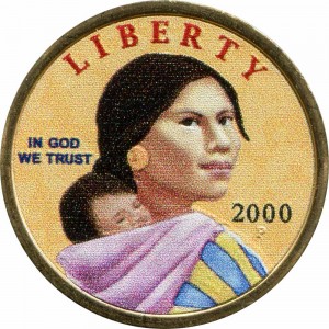 1 dollar 2000 USA Native American Sacagawea, colorized price, composition, diameter, thickness, mintage, orientation, video, authenticity, weight, Description