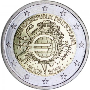 2 euro 2012, 10 years of Euro, Germany, mint A price, composition, diameter, thickness, mintage, orientation, video, authenticity, weight, Description