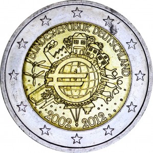 2 euro 2012, 10 years of Euro, Germany, mint D price, composition, diameter, thickness, mintage, orientation, video, authenticity, weight, Description