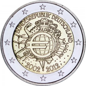 2 euro 2012, 10 years of Euro, Germany, mint F price, composition, diameter, thickness, mintage, orientation, video, authenticity, weight, Description