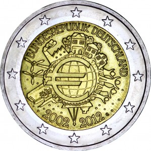 2 euro 2012, 10 years of Euro, Germany, mint G price, composition, diameter, thickness, mintage, orientation, video, authenticity, weight, Description