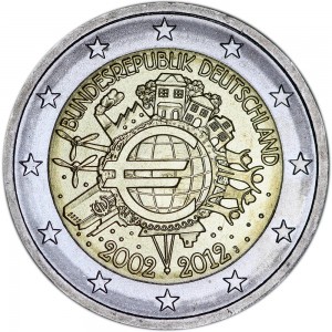 2 euro 2012 Germany "10 yaers of cash euro", mint J price, composition, diameter, thickness, mintage, orientation, video, authenticity, weight, Description