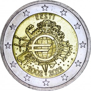 2 euro 2012, 10 years of Euro, Estonia price, composition, diameter, thickness, mintage, orientation, video, authenticity, weight, Description