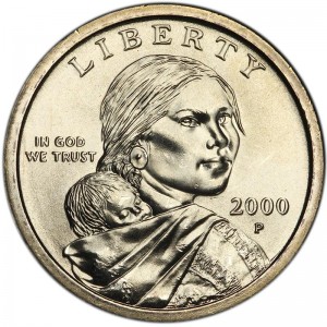 1 dollar 2000 USA Native American Sacagawea, mint P price, composition, diameter, thickness, mintage, orientation, video, authenticity, weight, Description