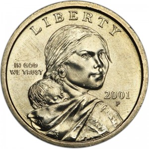1 dollar 2001 USA Native American Sacagawea, mint P price, composition, diameter, thickness, mintage, orientation, video, authenticity, weight, Description