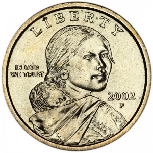 1 dollar 2002 USA Native American Sacagawea, mint P price, composition, diameter, thickness, mintage, orientation, video, authenticity, weight, Description