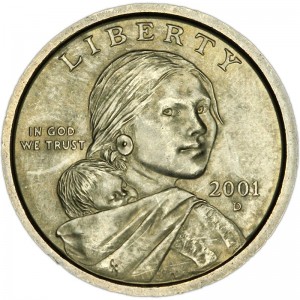 1 dollar 2001 USA Native American Sacagawea, mint D price, composition, diameter, thickness, mintage, orientation, video, authenticity, weight, Description