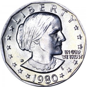 1 dollar 1980 USA Susan B. Anthony mint mark D price, composition, diameter, thickness, mintage, orientation, video, authenticity, weight, Description