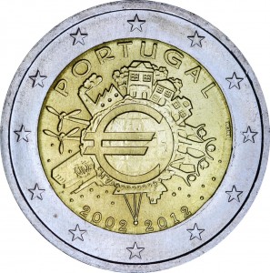 2 евро 2012, 10 лет Евро, Португалия  цена, стоимость