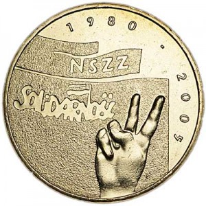 2 zloty 2005 Poland 25th anniversary of "Solidarity" (25 Lat Solidarnosci) price, composition, diameter, thickness, mintage, orientation, video, authenticity, weight, Description