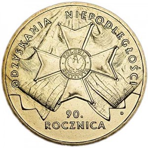 2 zloty 2008 Poland 90th Anniversary of Independence (90 rocznica Odzyskania Niepodleglosci) price, composition, diameter, thickness, mintage, orientation, video, authenticity, weight, Description