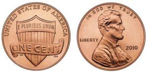 1 cent 2010 USA, Shield mint mark P price, composition, diameter, thickness, mintage, orientation, video, authenticity, weight, Description