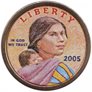 1 dollar 2005 USA Native American Sacagawea, colorized price, composition, diameter, thickness, mintage, orientation, video, authenticity, weight, Description
