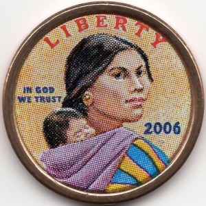 1 dollar 2006 USA Native American Sacagawea, colorized price, composition, diameter, thickness, mintage, orientation, video, authenticity, weight, Description