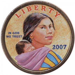 1 dollar 2007 USA Native American Sacagawea, colorized price, composition, diameter, thickness, mintage, orientation, video, authenticity, weight, Description
