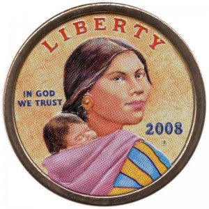 1 dollar 2008 USA Native American Sacagawea, colorized price, composition, diameter, thickness, mintage, orientation, video, authenticity, weight, Description