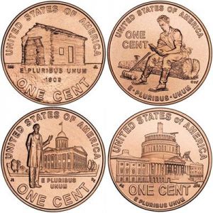 A set of 1 cent 2009 USA, 4 coins, a series of Bicentennial of Lincoln birth, mint mark D price, composition, diameter, thickness, mintage, orientation, video, authenticity, weight, Description