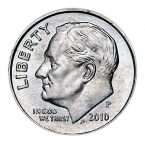 One dime 10 cents 2010 US Roosevelt, mint P price, composition, diameter, thickness, mintage, orientation, video, authenticity, weight, Description