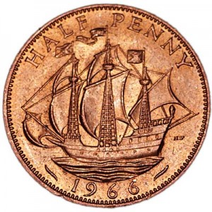 Half penny 1966 Great Britain Ship price, composition, diameter, thickness, mintage, orientation, video, authenticity, weight, Description