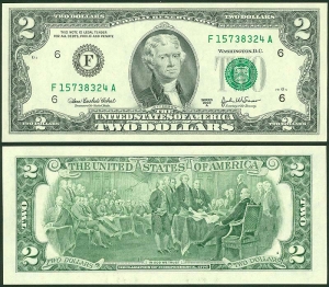 2 доллара 2003 США (F - Атланта), банкнота, из обращения VF