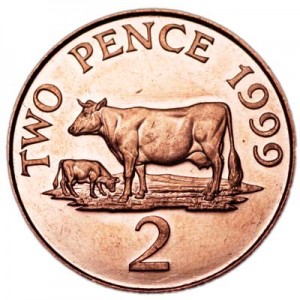 2 pence 1999 Guernsey Cow price, composition, diameter, thickness, mintage, orientation, video, authenticity, weight, Description