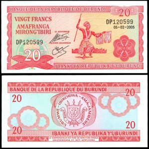 20 франков 2005 Бурунди, банкнота, хорошее качество XF