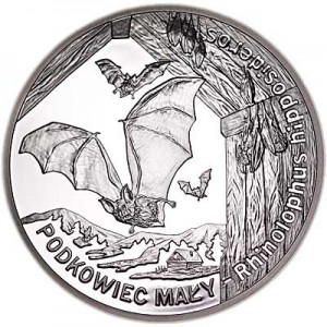20 zloty 2010 Poland Lesser Horseshoe Bat (Podkowiec Maly) series "Animals" price, composition, diameter, thickness, mintage, orientation, video, authenticity, weight, Description