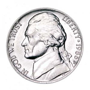 Nickel five cents 1986 US, mint D price, composition, diameter, thickness, mintage, orientation, video, authenticity, weight, Description