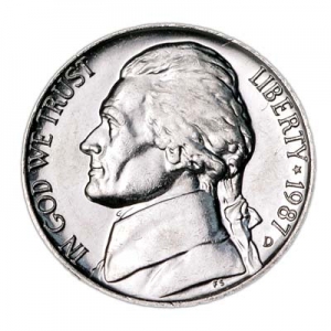 Nickel five cents 1987 US, mint D price, composition, diameter, thickness, mintage, orientation, video, authenticity, weight, Description