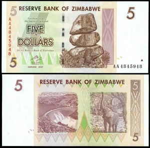 5 долларов 2007 Зимбабве, банкнота, хорошее качество XF