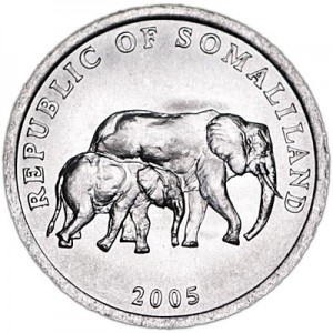 5 shillings 2005 Somaliland Elephants price, composition, diameter, thickness, mintage, orientation, video, authenticity, weight, Description