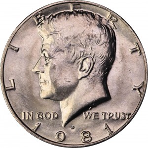 Half Dollar 1981 US Kennedy mint mark D price, composition, diameter, thickness, mintage, orientation, video, authenticity, weight, Description