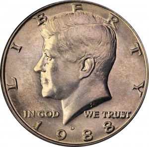Half Dollar 1988 USA Kennedy mint D price, composition, diameter, thickness, mintage, orientation, video, authenticity, weight, Description