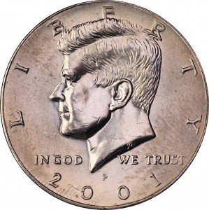Half Dollar 2001 USA Kennedy mint mark P price, composition, diameter, thickness, mintage, orientation, video, authenticity, weight, Description